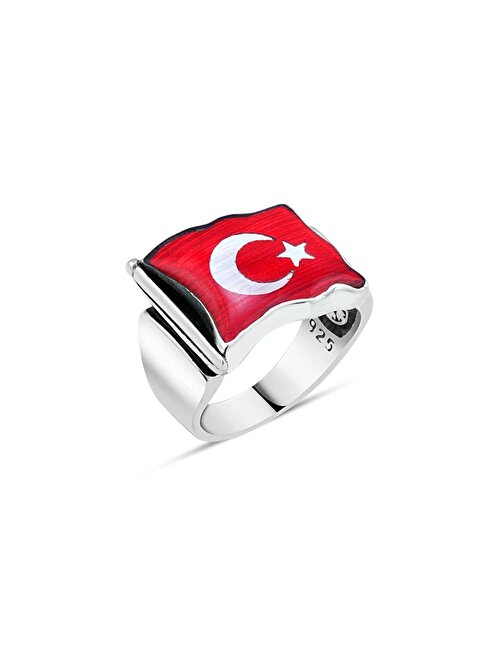 Aykat Türkiye Bayraklı Ay Yıldız Gümüş Erkek Yüzük 925 Ayar EYZ-67 Kırmızı