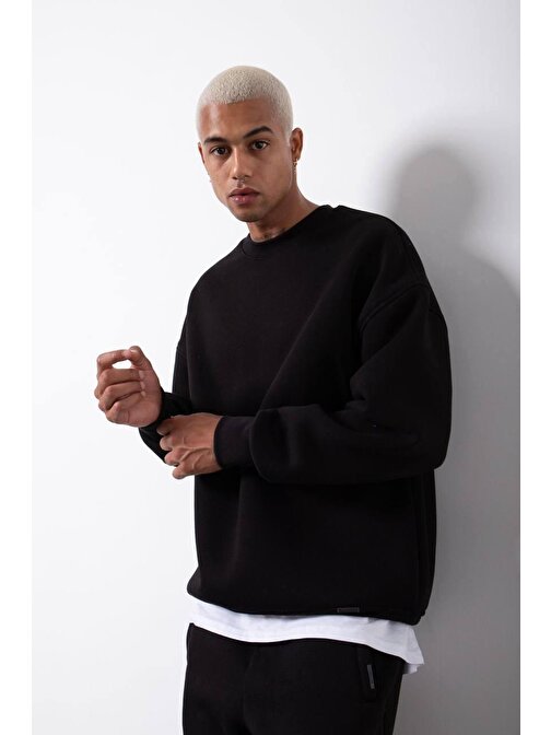 Siyah Organik Pamuklu Şardonlu Oversize Sweatshirt 3KXE8-46416-02 | S