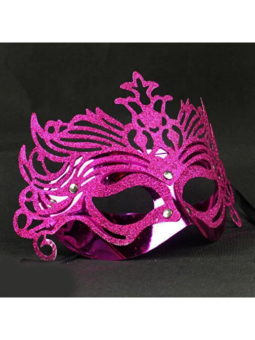 Metalik Fuşya Pembe Renk Masquerade Kelebek Simli Parti Maskesi 23 x 14 cm