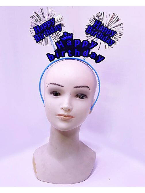 Happy BirthdAy Yazılı Püsküllü Neon Mavi Renk Doğum Günü Tacı 22 x 19 cm