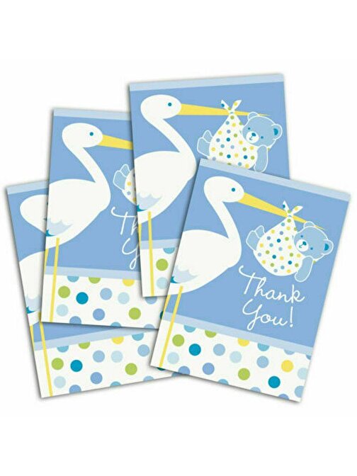 Elizabeth Arden  Mavi Renk Baby Stork Baby Shower Teşekkür Zarfı Ve Not Seti 8 Adet