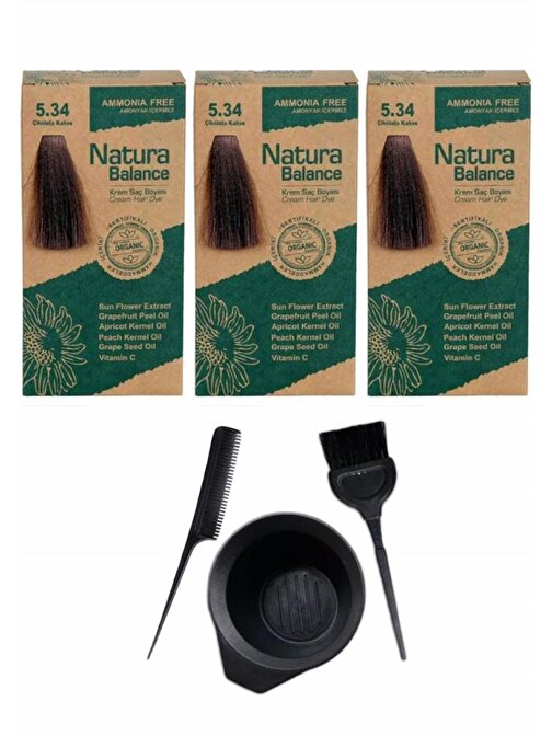 Natura Balance Saç Boyası 5.34 Çikolata 3 Adet+Saç Boyama Seti