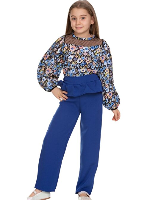 Kız Çocuk Tül Detaylı Çiçek Desenli Pantolonlu Takım Mavi