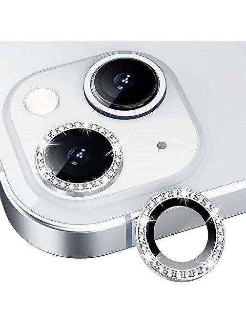 Binano iPhone 14 - 14 Plus Taşlı Kamera Lens Koruyucu Gümüş