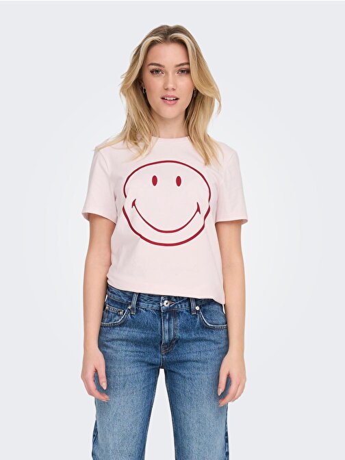 Only O Yaka Baskılı Pembe Kadın T-Shirt 15286860