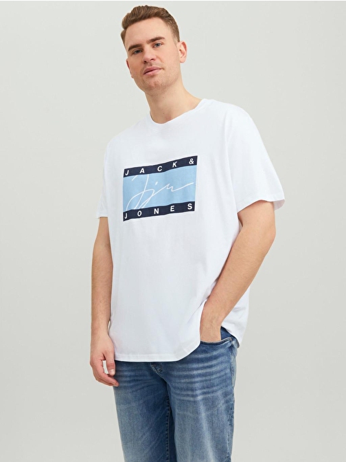 Jack&Jones Büyük Beden Yazılı Kısa Kollu Beyaz Erkek T-Shirt 12237439