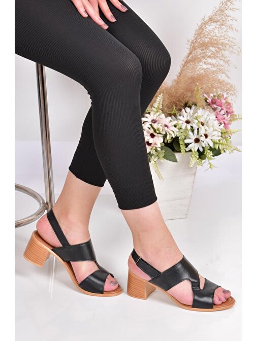 Papuçcity 02186 5 Cm Topuklu Kadın Deri Sandalet Ayakkabı