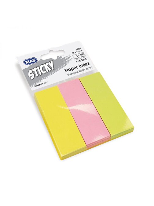 Mas 3664 Dikdörtgen Kağıt Ayraç Post-it -  Not Kağıdı Neon 3 Renkli 25x76 mm