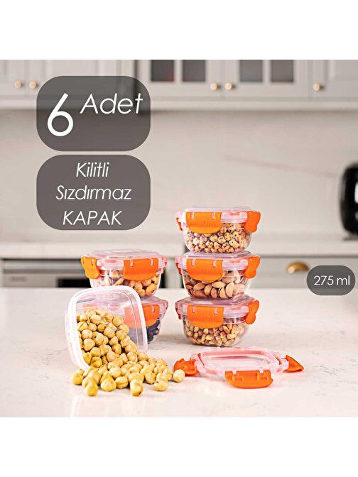 Porsima Turuncu 6Lı 275 Ml Sızdırmaz Kilitli Vakum Kapaklı Saklama Kabı