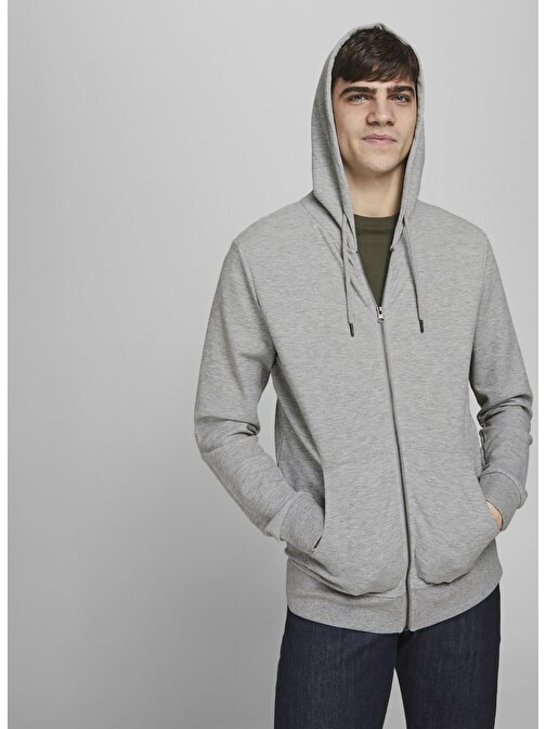 Jack & Jones O Yaka Açık Gri Erkek Sweatshırt JJEBASIC SWEAT ZIP HOOD NOOS