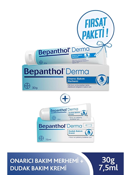 Bepanthol Onarıcı Bakım Merhemi 30 gr + Dudak Kremi 7,5 ml l Avantajlı Günlük Bakım Seti