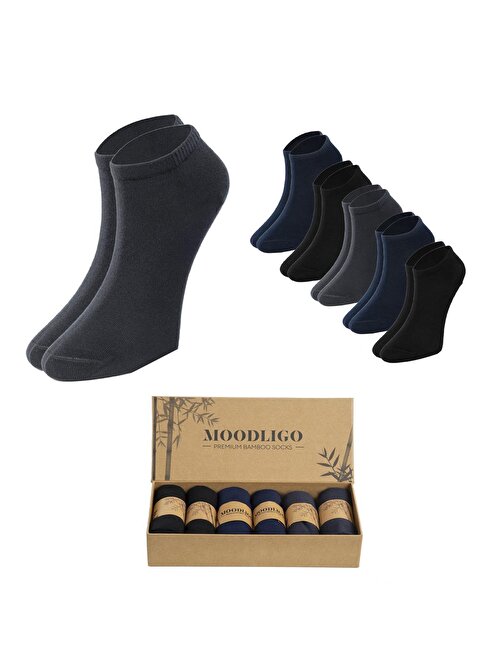 Erkek 6'lı Premium Bambu Patik Çorap - 2 Siyah 2 Füme 2 Lacivert - Kutulu