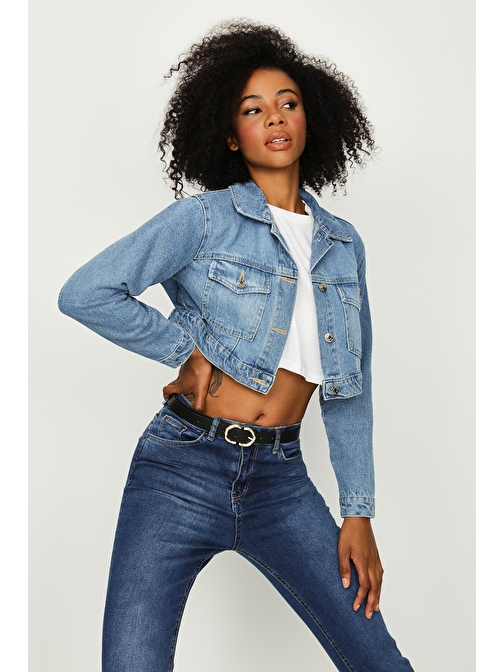 Kadın Düğmeli Crop Denim Ceket