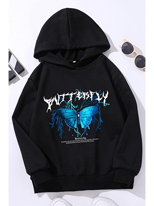 Unisex Çocuk Blue Butterfly Baskılı Kapüşonlu Sweatshirt