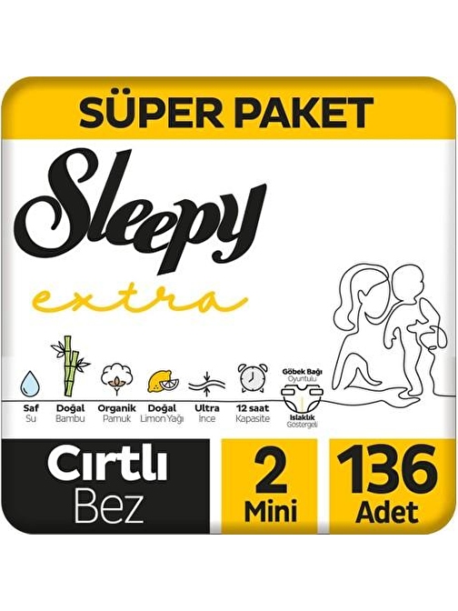 Sleepy Extra Günlük Aktivite 3 - 6 kg 2 Numara Bebek Bezi 136 Adet