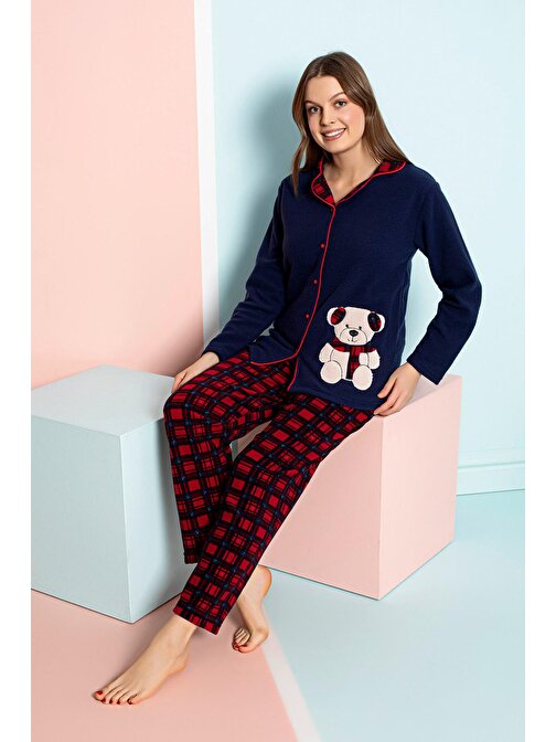 Nisanca Kışlık Kadın Gömlek Polar Pijama Takımı- Kadın Düğmeli Polar Pijama Takımı