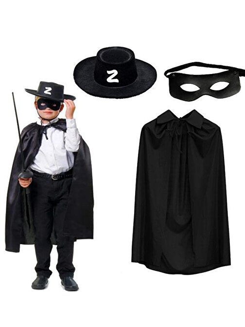 Zorro Pelerini Şapkası ve Maske Seti Çocuk Boy