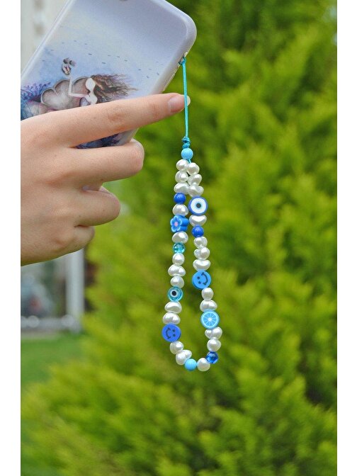 Scarves&Accessories Mavi Renkli Boncuklu Kısa Telefon İpi Charmı Askısı