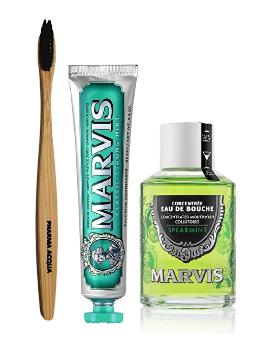 Pharma Acqua Bambu Diş Fırçası + Marvis Classic Strong Mint Diş Macunu 85 ml + Spearmint Ağız Gargarası 120 ml