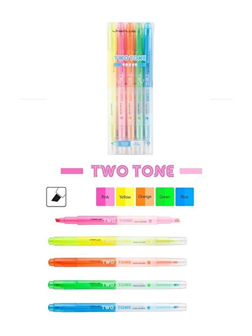 Lineplus Fosforlu Kalem 5 Renk Şeffaf Two Tone İşaret Kalemi 5'li Sarı Pembe Turuncu Yeşil Mavi