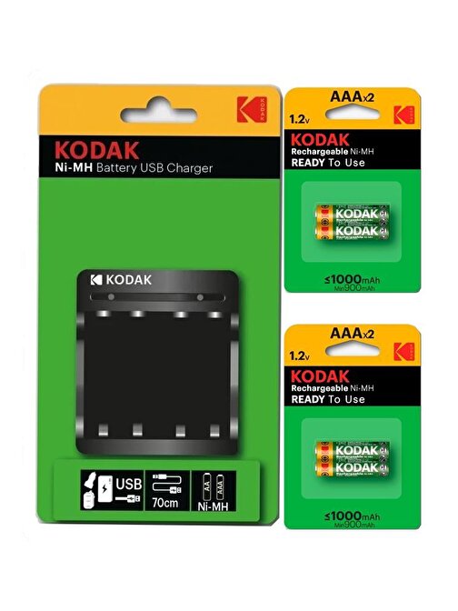 Kodak Pil Şarj Aleti Cihazı Usb Kablolu 4 Adet İnce Kumanda Pili (Aaa) 1000 Mha Dolabilen Pil 4 Lü 1 Paket