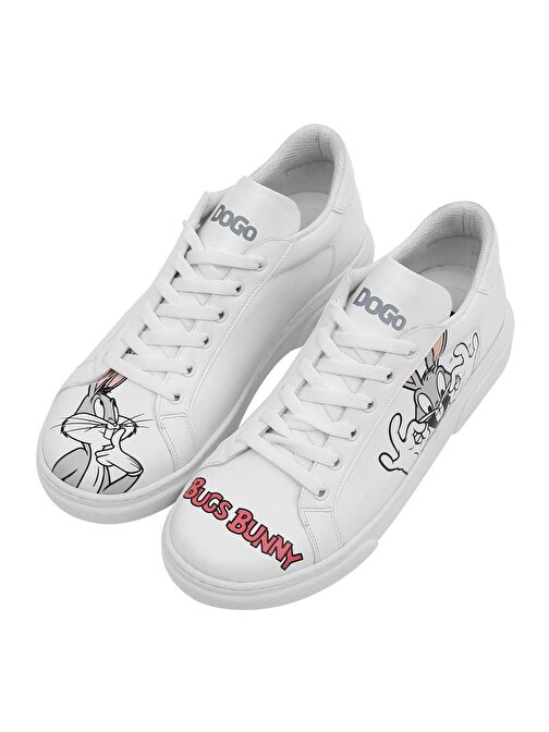 Kadın Vegan Deri Beyaz Sneakers - What's Up Doc? Bugs Bunny Tasarım