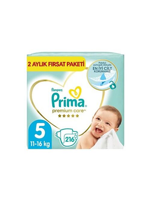 Prima Premium Care 5 Numara Aylık Fırsat Paketi Bebek Bezi 216 Adet
