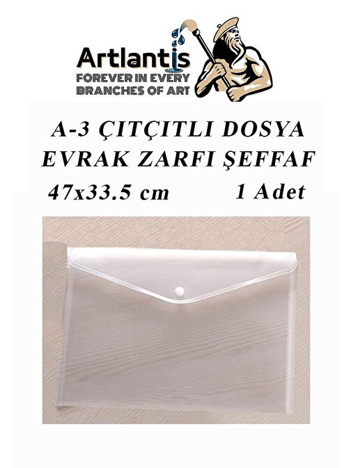 Artlantis Transparan A3 Büyük Boy Çıtçıtlı Zarf Dosya 1 Adet 47x33.5 cm