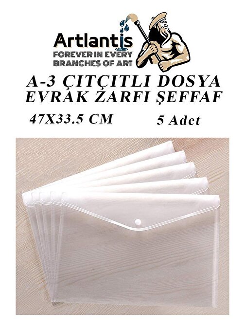 Artlantis Transparan A3 Büyük Boy Çıtçıtlı Zarf Dosya 5 Adet 47x33.5 cm