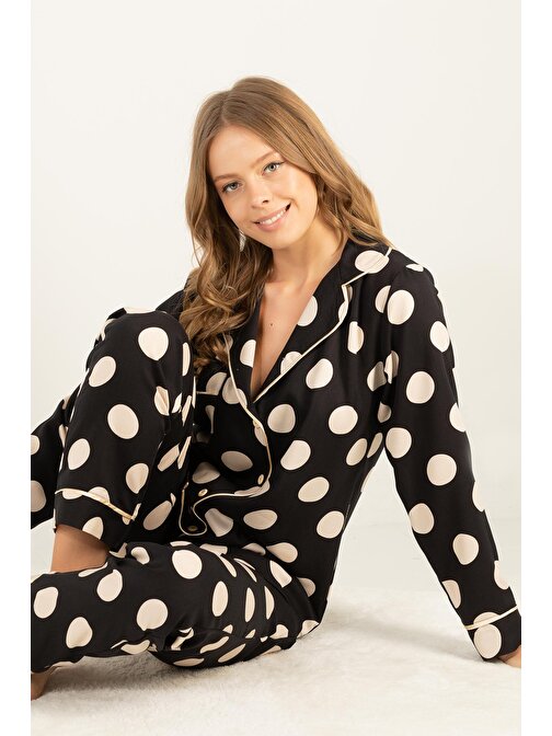 DoReMi Puantiyeli Doğal Viskon Soft Yumuşak Düğmeli Pijama Takımı