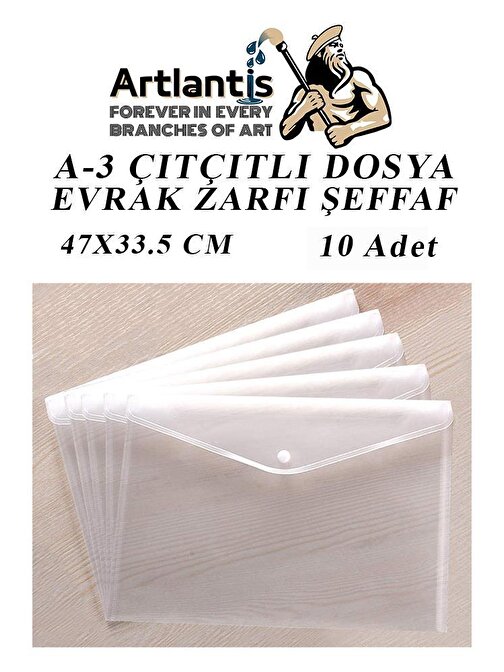 Artlantis Transparan A3 Büyük Boy Çıtçıtlı Zarf Dosya 10 Adet 47x33.5 cm