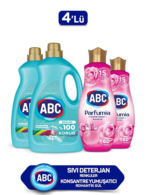 ABC Sıvı Çamaşır Deterjanı Renkliler 2'li ve Konstanre Yumuşatıcı Gül Tutkusu 2'li