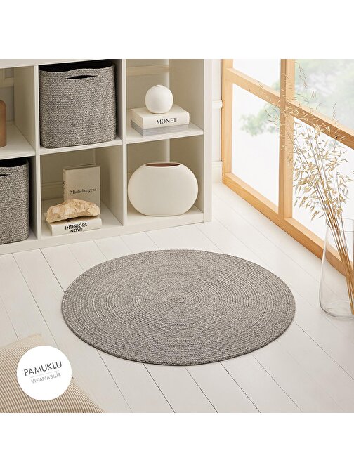 Ocean Home Textile Yıkanabilir Gri Kırçıllı Pamuklu Halı Kilim Ø 80 cm