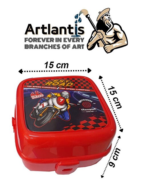 Artlantis Beslenme Kutusu 4 Bölmeli Kırmızı Renk Motorsiklet Figürlü 1 Adet Yemek Saklama Kabı Beslenme Çantası