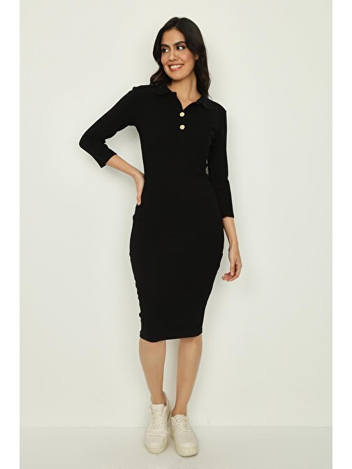 Kadın Düğme Detaylı Midi Örme Elbise