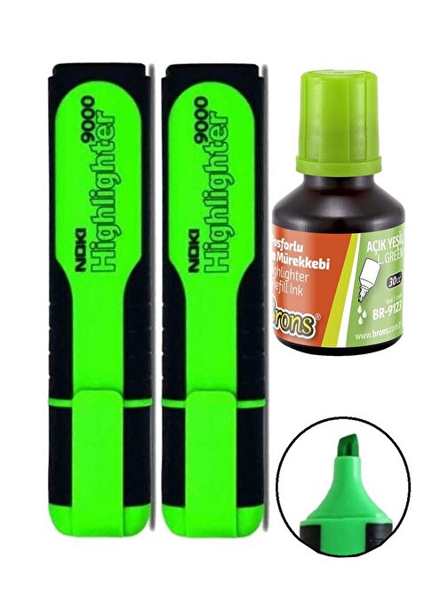 Artlantis Fosforlu İşaret Kalemi Yeşil Doldurulabilir 2 Adet Ve Mürekkebi 30 ml Artlantis Fosforlu Neon Kalem