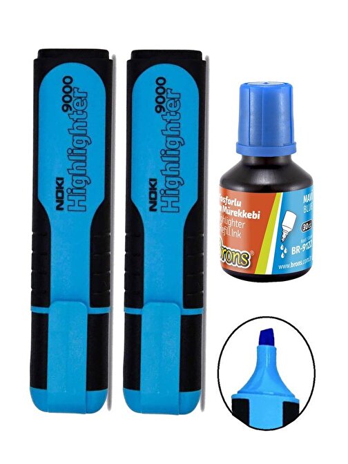 Artlantis Fosforlu İşaret Kalemi Mavi Doldurulabilir 2 Adet Ve Mürekkebi 30 ml Artlantis Fosforlu Neon Kalem