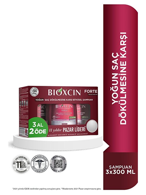 Bioxcin Forte Yoğun Saç Dökülmesine Karşı Bitkisel Şampuan 300 ml  3 Al 2 Öde