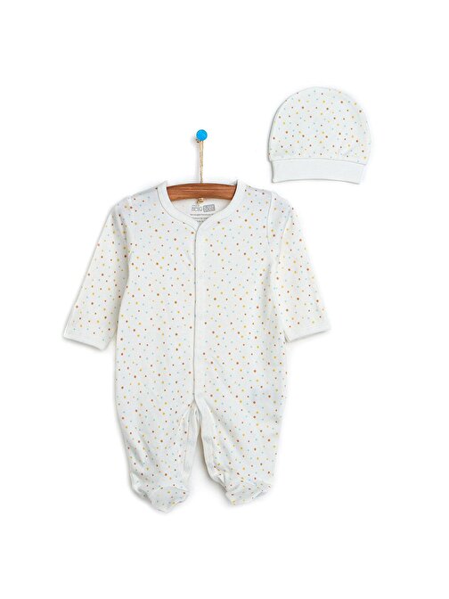 HelloBaby Yenidoğan Unisex Bebek Little Star Kendinden Eldivenli Tulum - Şapka 2'li Set Ekru 6 Ay