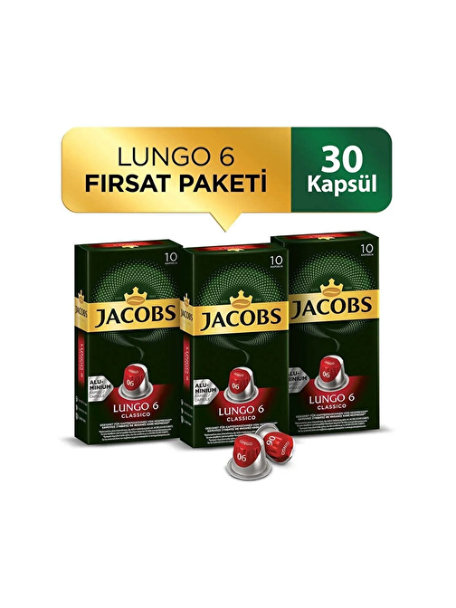 Jacobs Lungo 6 Classic Uyumlu Alüminyum Kapsül Kahve 10 Adet x 3 Paket