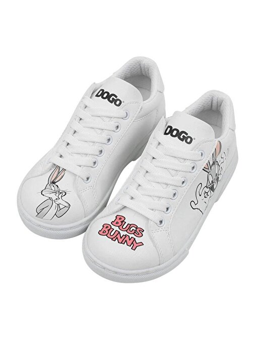 Unisex Çocuk Vegan Deri Beyaz Sneakers - What's up Doc Bugs Bunny Tasarım