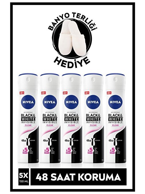 Nivea Black-White Invisible Clear 48 Saat Anti-Perspirant Koruma Kadın Sprey Deodorant 150 Ml X 5 Adet