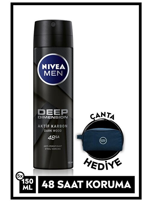 Nivea Men Deep Dimension 48 Saat Anti-Perspirant Koruma Erkek Sprey Deodorant 150 ml x 5 Adet