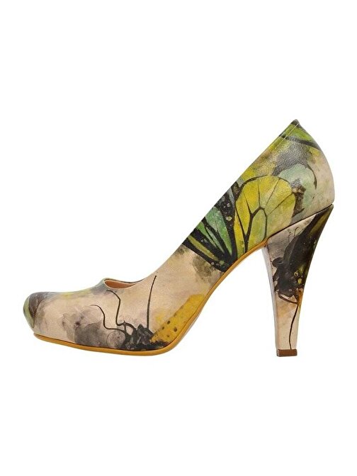 Kadın Vegan Deri Bej Topuklu Ayakkabı - Butterfly Tasarım
