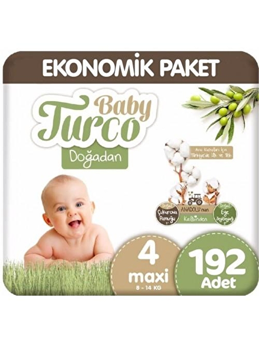 Baby Turco Doğadan 7 - 14 kg 4 Numara Aylık Ekonomik Paket Bebek Bezi 192 Adet