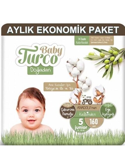 Baby Turco Doğadan 11 - 18 kg 5 Numara Aylık Ekonomik Paket Bebek Bezi 160 Adet