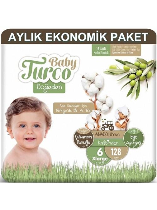 Baby Turco Doğadan 15+ kg 6 Numara Aylık Ekonomik Paket Bebek Bezi 128 Adet