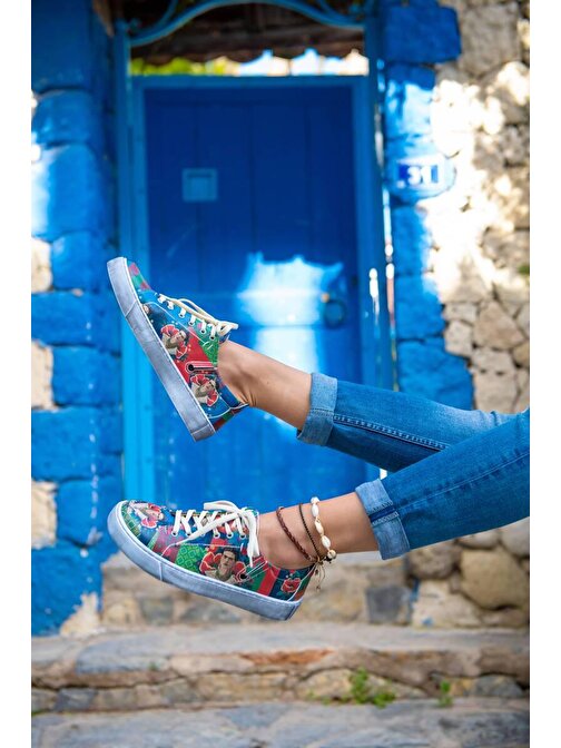 Kadın Vegan Deri Çok Renkli Sneakers - Ethnic Dream Frida Kahlo Tasarım