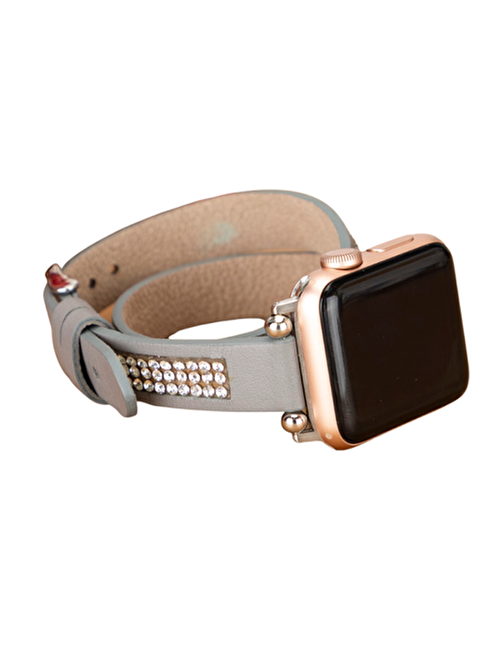 Bouletta Apple Watch 38 - 40 - 41 mm Deri DT Taşlı RST9 Akıllı Saat Kordonu Açık Gri