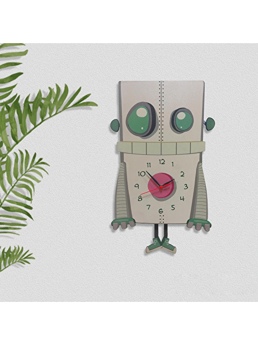 Cajuart Ahşap Sallanan Sarkaçlı Robot Adam Çocuk Odası Duvar Saati Yeşil